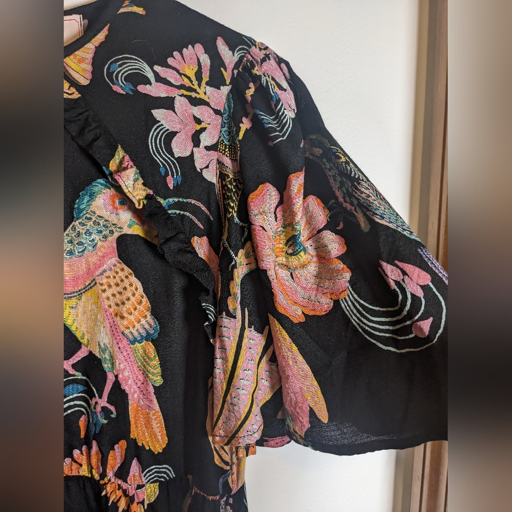Banjanan Lenka Jungle Print Crew Neck Knee Length Toucan Moth Dress sz S - Picture 5 of 12